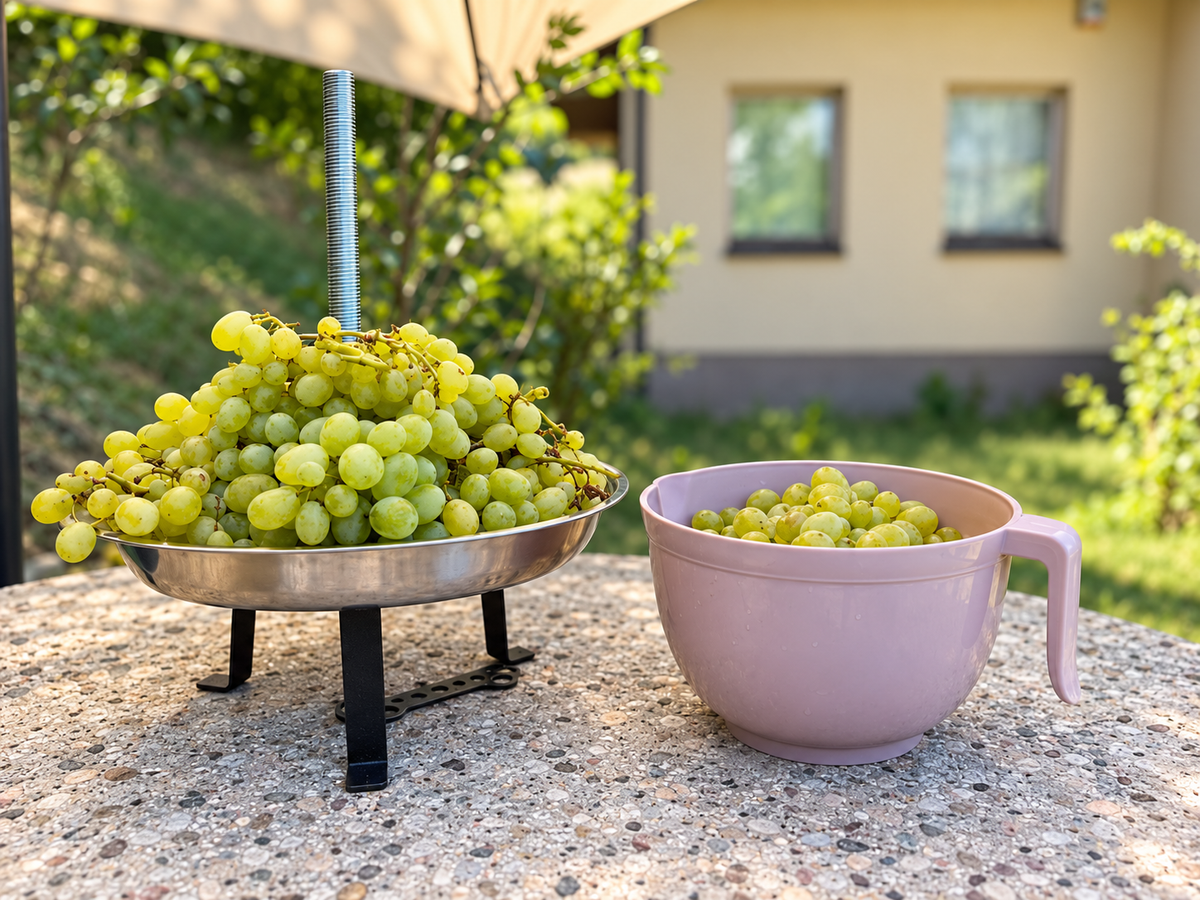 Freshly harvested green Vitalija grapes in a metal tray and a bowl on an outdoor stone table; retouched photograph.